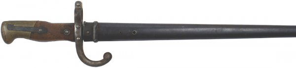 French Gras rifle bayonet: D-112 French Gras rifle bayonet: unusual "hump" wood grips with a brass pommel. Steel muzzle ring and turned down quillon. Fairly clean 20 5/8" "T" back blade. Spine has an arsenal name and "1876". Ex