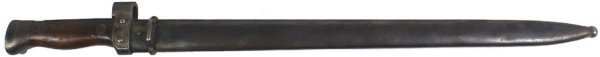 French Remington Model 1914 bayonet: D-113 French Remington Model 1914. Wood grips - with a steel pommel and wide muzzle ring. No quillon. 15 3/4" clean steel blade. Only marked with "1". Most of bluing on steel scabbard, which is number