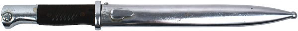 German WWII K98 Mauser bayonet: D-115 Same as above. With bakelite grips. Matching numbers on blade and scabbard - "0209a". Also marked "44 asw". All the metal fittings, blade, and scabbard have been chrome plated. Condition II $40.