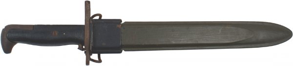 U.S. WWII Garand bayonet: D-129 Same as above. Maker marked "PAL - U.S." and a flaming grenade. Blade was sharpened and used. Condition II- $30.00