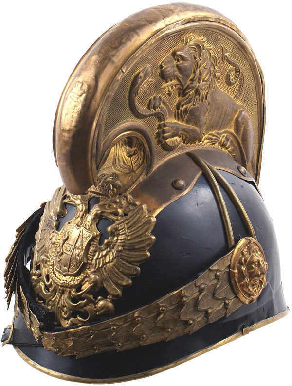 Austrian M1905 Dragoon officer helmet: E-1 Austrian M1905 Dragoon officer's helmet. Black refinished lacquered metal body. Large gilt double-headed Hapsburg eagle ("FJ1" shield on chest) frontplate. Detailed gilt oak leaf chinscales and la