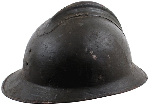 French WWI Adrian helmet: E-8 Similar to above. Period field green repaint. Two slots for a helmet badge. Leather liner practically detached from band. Leather chinstrap shows age and wear. Condition III $50.00