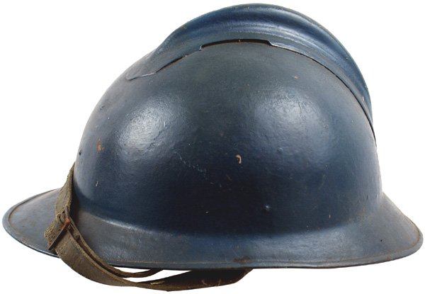 French WWI Adrian helmet: E-9 Similar to above. Post-war blue repaint. Supple leather liner - missing band. Replaced chinstrap appears to be Italian WWII. Condition II- $40.00
