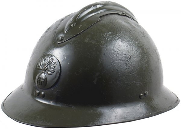 French WWII Adrian helmet: E-104 French WWII. "Adrian" type - with a round front badge bearing a relief flaming grenade with "RF". Entire helmet was repainted in the original O.D. color. Black leather liner and brown leather ch
