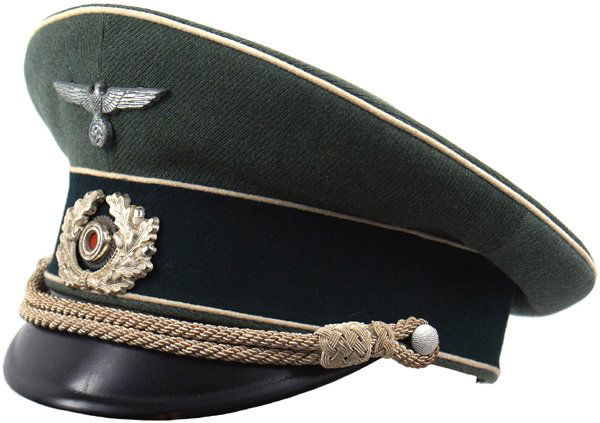 German Army Infantry peaked cap: E-117 Army Infantry officer. High peaked early issued ribbed material, with dark green band and white piping. Darkened silver metal eagle/swastika and a "frosted" oak leaf wreath with a rosette. Black