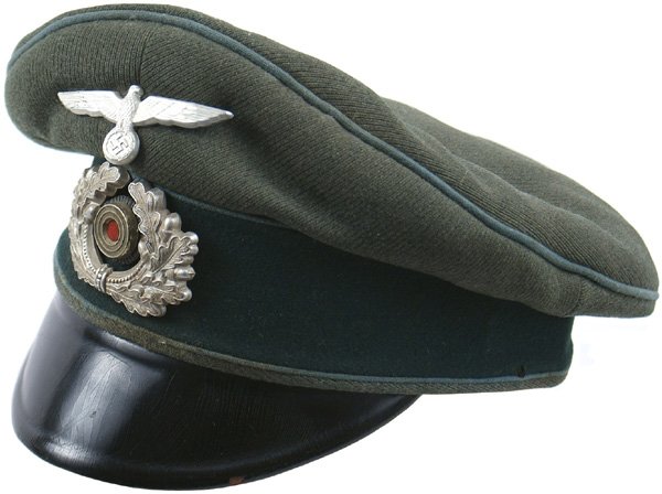 German Army Transport crusher cap: E-121 Army Transport officer "crusher". Dark green band and (darkened) light blue piping. Shaped, pliable leather visor. Metal eagle/swastika. Dull silver oak leaf wreath and rosette. Tan leather swea