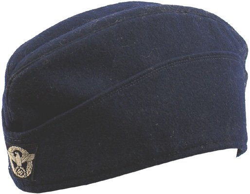 German WWII Police oseas cap: E-139 Police. Dark blue body with a machine sewn dull white bevo embroidered eagle/swastika/oak leaf wreath insignia. Gray cloth lining. Minor wear. Condition II+ $150.00