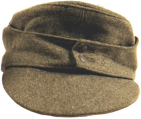 German WWII Army M1943 cap: E-148 Similar to above, feld-grau wool. Two small "nips" on side. Subtle outline where a trapezoid insignia has been removed. Gray lining stamped with a large logo - peaked cap with "OTTO SCHLIENTZ -