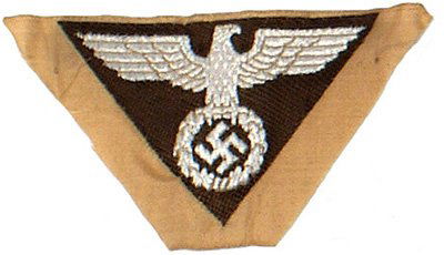 German WWII SA cap eagle: E-193 SA bevo embroidered side cap eagle. Silver wire Political type eagle/swastika on an inverted brown triangle (SA Group Westmark or Niedersachsen) on a tan cloth backing. Uncut. Condition I.....$3