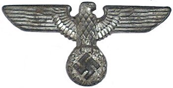 German WWII Hitler Youth cap eagle: E-198 HJ (Hitler Youth) peaked cap eagle. Long winged type. Reverse marked "M1/93" and "RZM". Three prongs intact. Scarce. Condition II.....$30.00