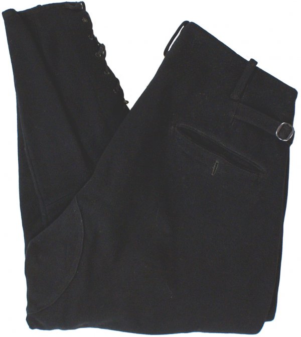 German WWII SS Totenkopf pants: F-53 - SS-Totenkopf Verband black breeches. Early black wool with two "slash" pockets, watch pocket and one back pocket. Two cloth side "belts" with buckles. Lining stamped with "SS" within a circle o