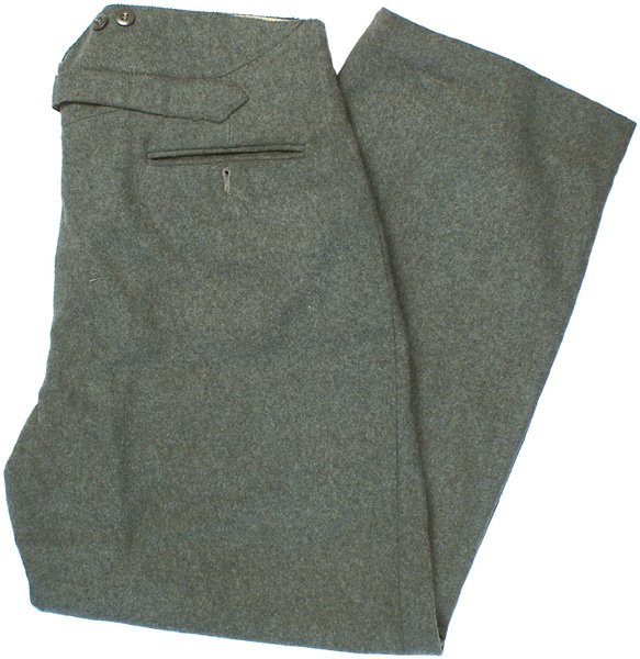 German WWII Army pants: F-54 - Army OD wool trousers. Two side slanted, watch pockets and a back pocket. Button fly and buttons along 40" waist. Adjusting belt on reverse. Excellent, unissued. I......$100.00