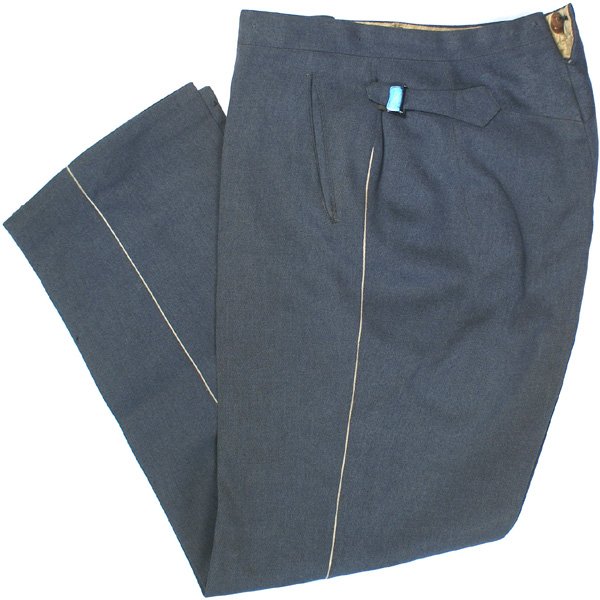 German WWII Army dress pants: F-55 - Army Infantry "walking-out" trousers. Quality gray wool with white piping. Two slanted pockets, a watch pocket, and a pocket on reverse. Two cloth adjusting belts. Trousers show some wear and m