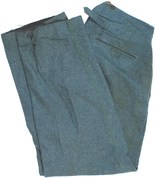 German WWII Police trousers pants: F-56 - Police trousers. Grass green piping. Show wear, repairs on pockets, some mothing, and matted areas. III.....$40.00