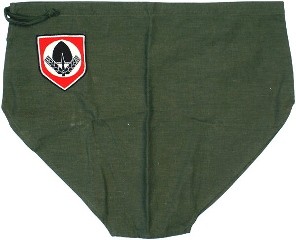 German WWII RAD shorts: F-60 - RAD (German Labor Corps) brown cotton sports shorts. Large red/black/white bevo embroidered spade/barley stalks insignia. I.....$35.00