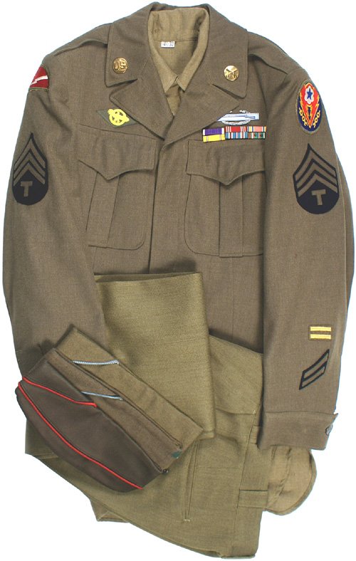 U.S. WWII 78th Division uniform: F-112 - 78th Division uniform: (1) "Ike" jacket. All period affixed embroidered insignia - divisional, "E.T.O. Advanced Base", Tech Sgt. Chevrons, "Ruptured Duck", and Service/O'seas Bars. "US" and "M