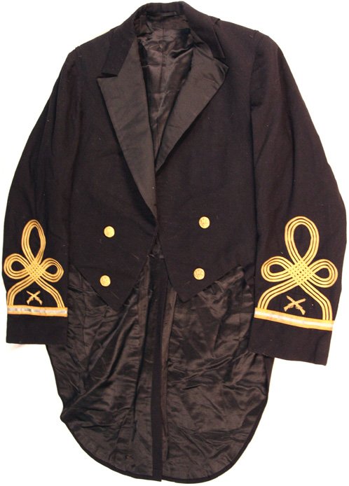 U.S. Army dress coat Allan Kennedy: S-27 - Army formal blue dress tuxedo with "tails" coat of Col. Allan J. Kennedy. Black silk open-faced lapels. "Pointed" front with four gilt quality eagle buttons. Cuffs have a light blue stripe with