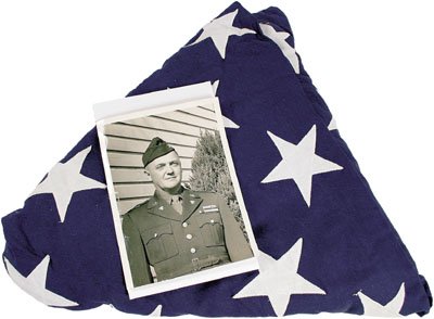 U.S. burial flag Allan Kennedy: S-28 - American Flag from the 1964 funeral of Col. Allan J. Kennedy. 60" x 108". Also with a 7 1/8" x 5" WWII photo of Col. Kennedy and a Xerox copy of his obituary. I.....$25.00