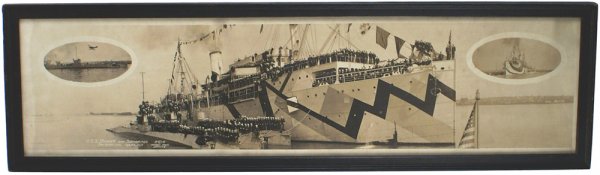 U.S. WWI panoramic photo USS Beaver: S-43 - WWI U.S. Navy large, framed photo of the sub-tender "U.S.S. Beaver and submarines, San Diego, Cal. Feb. 22, 1919". Pictured are three subs next to the tender, hundreds of sailors and two large 