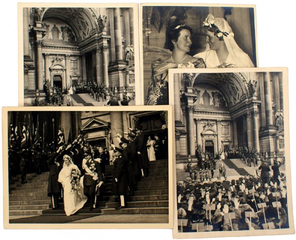 Lot of 4 Hermann Goring wedding photos: A-11 Lot of four 7 1/8" x 5 1/4" photos of Herman Goring's 1935 wedding to Emmy Sonnemann. Includes: (1) View of the bridal couple descending the cathedral steps with a military honor guard and crowd 