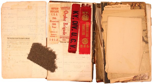 Confederate Orphan Brigade album ribbons etc: K-49 - Interesting 1870's "Justice Dockett" ledger from the State of Kentucky which includes Confederate "Orphan Brigade" material. Many pages have been used as an album to include calling cards, news
