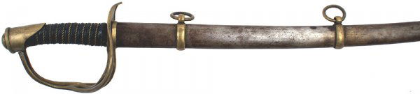 U.S. M1872 cavalry saber sword: K-60 - US M1872 cavalry saber. Brass pommel and three-branch guard. Braided brass wire wrapped leather grip. 34" curved blade has grayed with dark spotting. Walking bear logo and "MADE IN GERMANY" on