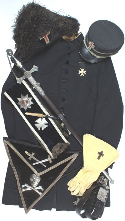 Masonic 8-piece officer set with sword: K-87 - Masonic parade set of 8 items - similar to above, except sword blade engraved "FRANK D. MOREY" and "PILGRIM COMMANDRY K.C.". Circa 1890. No cross on cuffs. I-.....$175.00