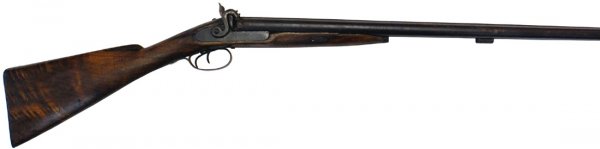 American double-barrel percussion shotgun: M-17 - American double-barrel percussion shotgun. All metal fittings are browned and the hammers and nipple areas show some pitting. Silver inlays of hunters/dogs/birds on rib between barrels. Old 1" 