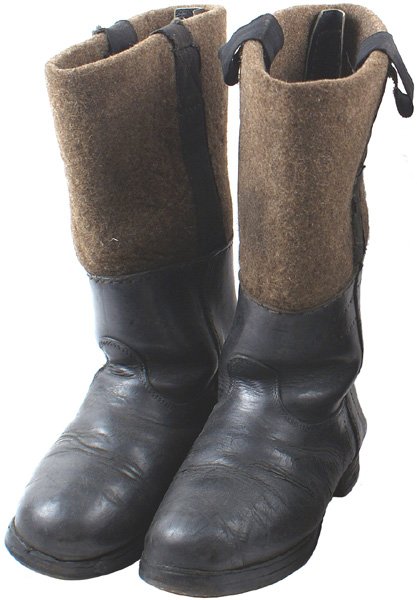 German WWII Eastern Front boots: N-41 - WWII Eastern Front winter sentry boots. Heavy black leather with thick felt shafts. Original leather soles and heels - with an iron "horseshoe" perimeter. II.....$125.00