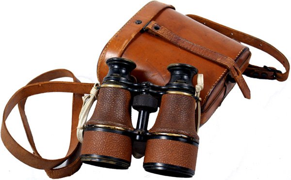 U.S. Navy WWI binoculars: N-74 - Navy WWI binoculars. Covered with grained brown leather. Marked "POWER LIGHT GLASS". Good lenses. Sturdy brown leather case (marked "BAUSCH & LOMB OPTICAL - ROCHESTER, N.Y.") and shoulder strap
