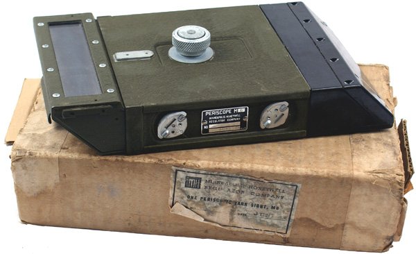 U.S. WWII M-6 Sherman tank periscope: N-78 - WWII M-6 tank periscope for a Sherman. Dated 1943 and ordnance stamped. Two reverse sets of optics. 11" x 6 1/2". With original box. Excellent. I.....$25.00