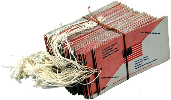 Lot 90 U.S. RUSSIAN WAR RELIEF tags: Q-15 - Lot of 90 U.S. "RUSSIAN WAR RELIEF" gift tags. 2 3/4" x 5 3/4" - having an American flag and "To the heroic people of the Soviet Union from the people of the United States of America" - also th