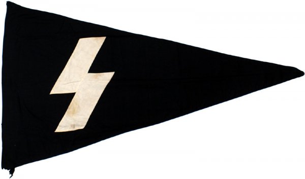 German WWII DJ pennant flag: H-90 - DJ (German Youth) pennant. 3 3/4" wide single white lightning bolt sewn to a black triangular pennant. Edges of pole sleeve show wear. Some minor age foxing. 29" x 50". II.....$100.00