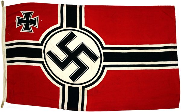 German WWII Navy Kriegsflagge flag: H-111 - Navy "Kriegsflagge". Black swastika within a white circle with white and black stripe dissected panels - all on a red field. Black Iron Cross in upper left corner. Sleeve is marked "Kr. FL. 10