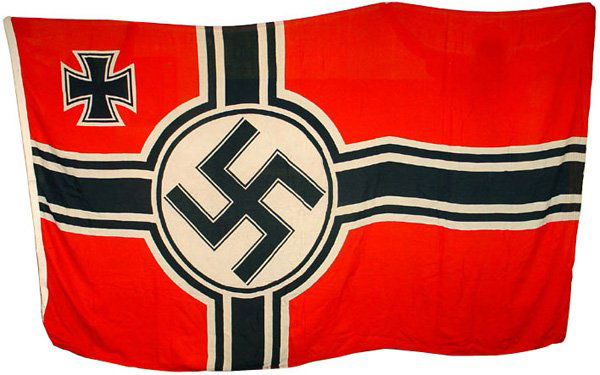 German WWII Navy Kriegsflagge flag: H-114 - Same as above. Flag is torn away from 75% on the inside of the white border. With Hannover maker's label and stamped "Dt. Rerichskriegsfl.". Interesting in that the Navy stamping consists of t