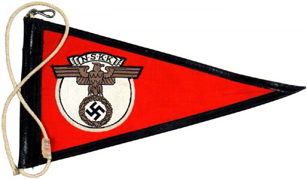German WWII Auto fender pennant flag: H-120 - Nazi Party Transportation Corps automobile fender pennant. Relief embroidered eagle/swastika with "N.S.K.K." on a white roundel - on a red field. Black leather border. Double sided. Snap hook 