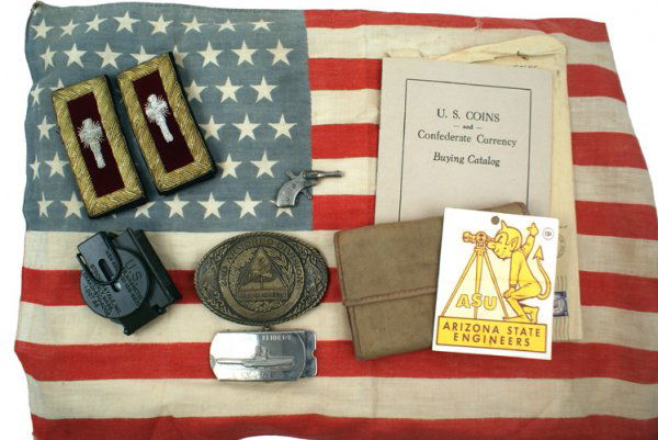 U.S. WWII air raid warden helmet flag: H-249 - Miscellaneous lot of US items: (1) WWII air raid warden helmet. Inside has penciled name of owner and "1942 BRADFORD PA - WARD 3…". Complete. (2) 48 star American flag. 15 1/2" x 22 1/2". (3