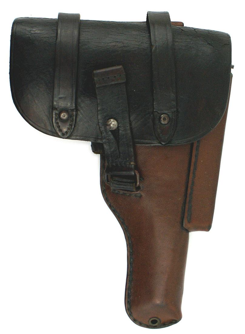 Belgian Browning M1922 pistol holster: M-013 Belgian Browning M1922 pistol holster. Brown leather with a single strap/locking stud on flap. Two straps cross over flap with a large moving belt sleeve - with a stamped anchor/sword and "HK". 