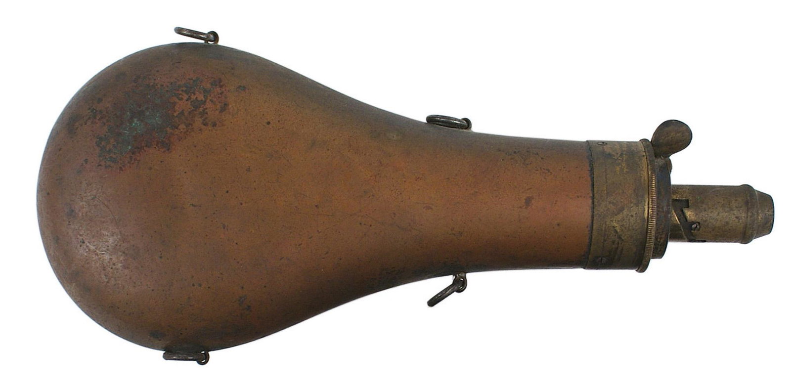 Antique tear drop copper powder flask: M-032 Large antique "tear drop" copper powder flask. Plain surface. Some darkened age patches. 7 3/4" tall. About II