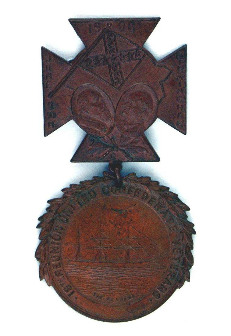 1908 Confederate Veterans reunion medal: K-029 1908 Confederate Veterans two-piece bronze re-union medal. Pin-back cross bearing portraits of Pettus and Morgan, "1908", "BIRMINGHAM" and the "Stars and Bars". Suspended large roundel with "18t