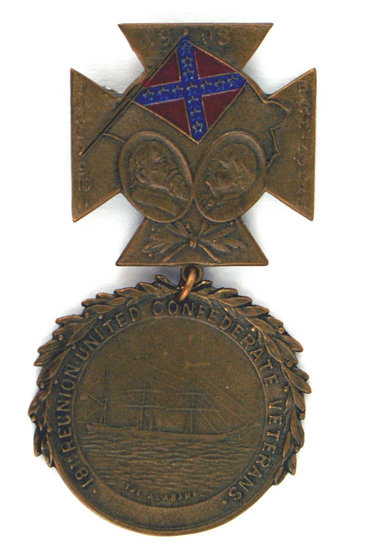 1908 Confederate Veterans reunion medal: K-030 1908 Confederate Veterans two-piece bronze re-union medal. Pin-back cross bearing portraits of Pettus and Morgan, "1908", "BIRMINGHAM" and blue and red colored "Stars and Bars". Suspended large 