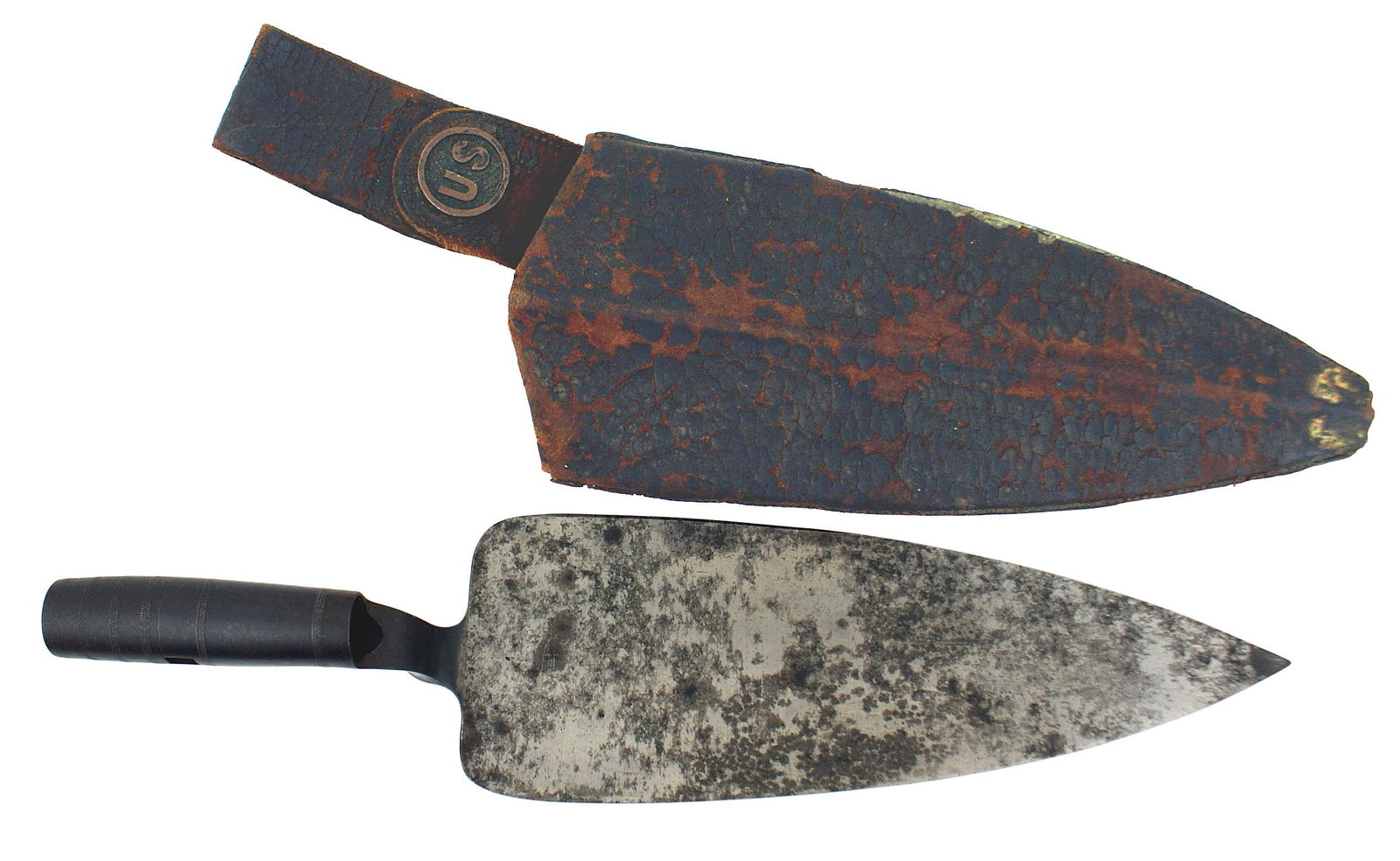 US Model 1873 Trowel Bayonet: K-047 US Model 1873 Trowel Bayonet. 9 7/8" trowel shaped blade tapers from 3 1/2" wide to the point. Steel finish has black/gray patches. 3 1/2" socket is marked "PAT. APR. 16-72". Third type leather 