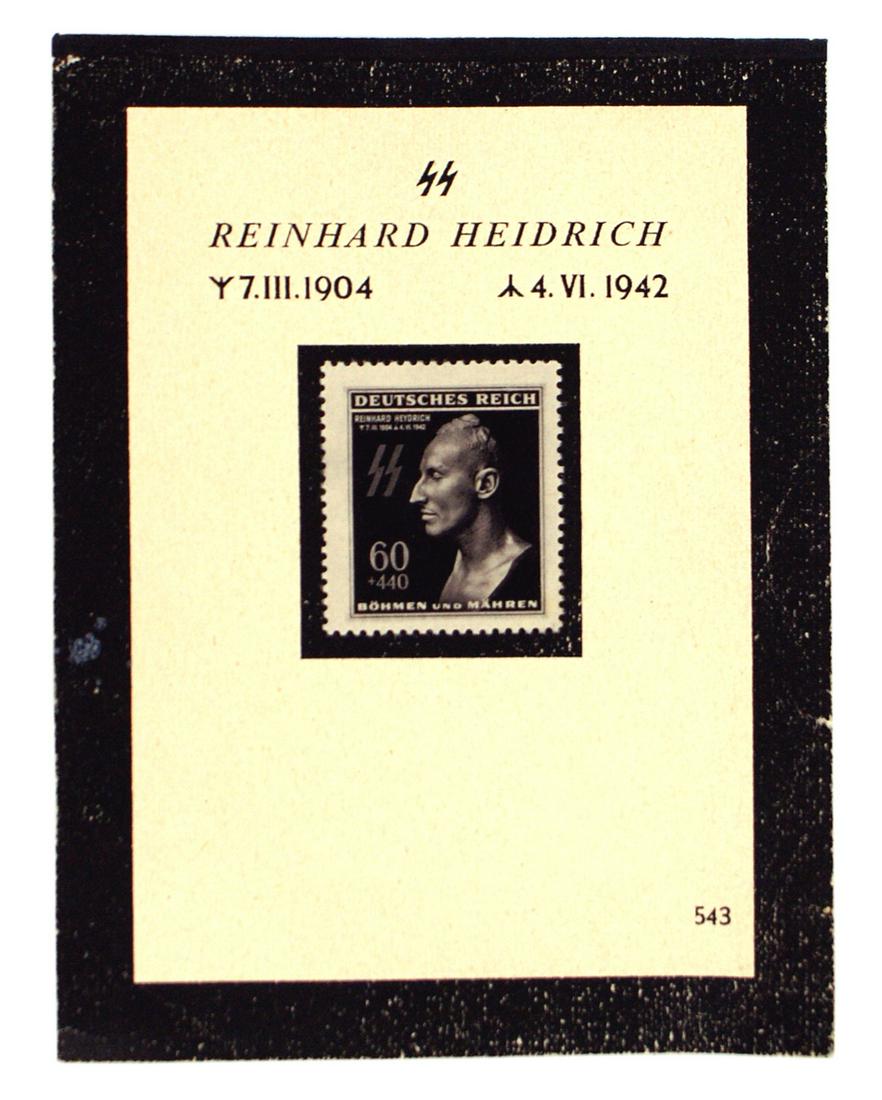 German WWII Bohemia Moravia Heydrich stamp: P-001 Third-Reich Bohemia-Moravia, Reinhard Heydrich commemorative stamp showing the death mask of Heydrich and "SS" runes. Stamp has the "kopf beule" (Head bump) printing plate error. (Known for his 