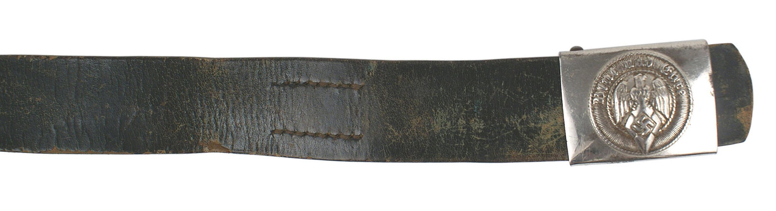 German Third-Reich Adolf Hitler School belt: F-021 German Third-Reich Adolf Hitler School, Hitler Youth dame brown leather belt and buckle. Some scuffs to the surface of the nickeled one-piece buckle. Relief eagle/diamond/swastika and "blut und
