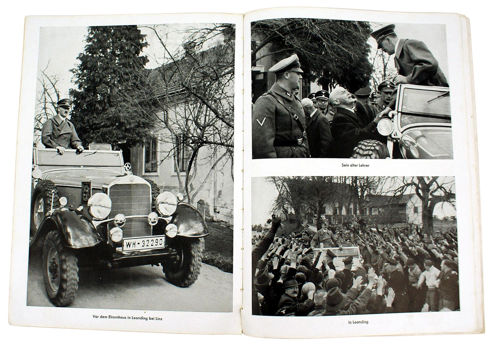 German WWII book HITLER IN SEINER HEIMAT: I-011 "HITLER IN SEINER HEIMAT". Hoffman pictorial showing Hitler as a much loved national leader. Missing book jacket. Cover is creased. About II