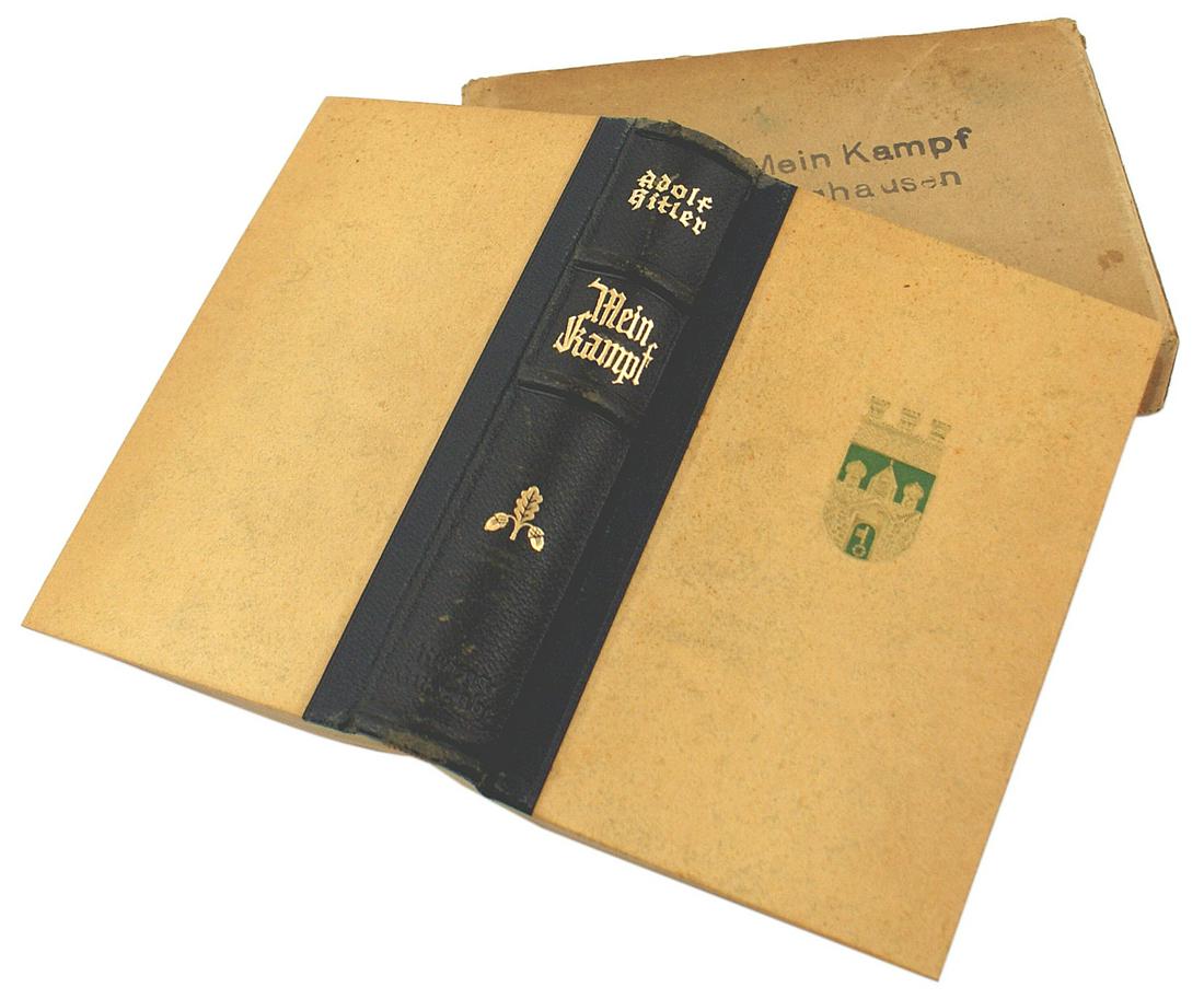 German WWII Wedding copy Mein Kampf: I-019 Wedding copy of "Mein Kampf". Fly leaf has a printed dedication with named individuals who are being married and extending good wishes to them from the city of Recklinghausen. Dated "17 July, 19