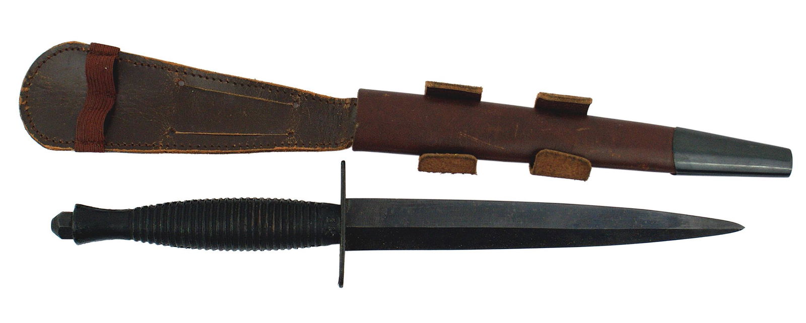 British post WWII Fairbairn Commando knife: D-078 British post-WWII Fairbairn Commando knife. All darkened ridged metal handle tapering towards the hex-nut pommel. Base has Sheffield maker marks, star/"A" and crossed keys, of "J. NOWILL & SONS"