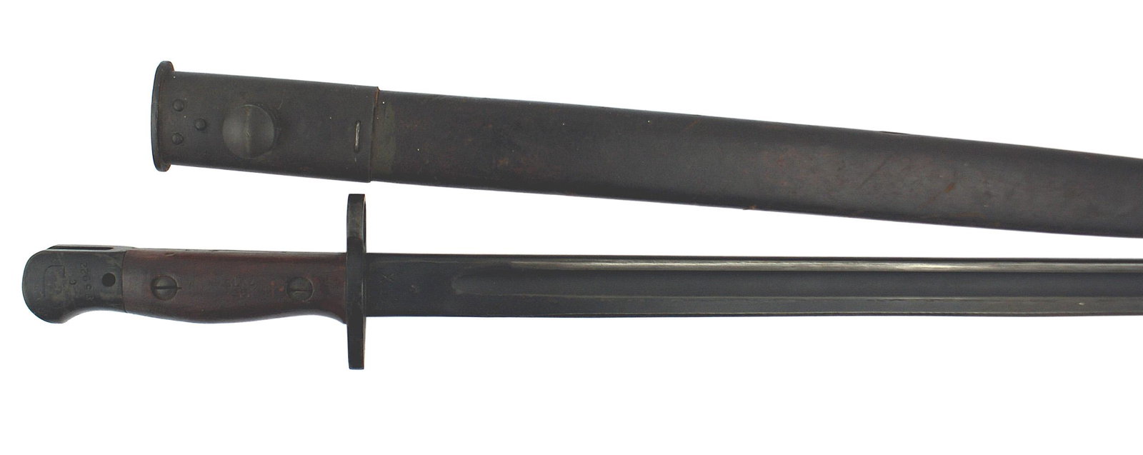 Australian British 1907 pattern bayonet: D-089 Australian (British 1907 pattern) bayonet. Dark blued pommel and crossguard/muzzle ring. Wood grips marked "SLAZ" over "56". 17" blued blade marked "1907", "11" and "42". Reverse marked with a b
