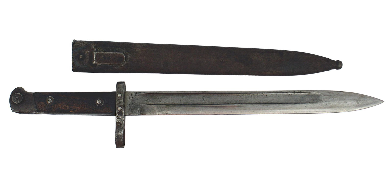 Austrian M1895 bayonet: D-090 Austrian M1895 bayonet. Darkened from use steel pommel and crossguard with a muzzle ring. Two steel rivets on the wood grips. 9 7/8" fairly clean inverted blade. Marked "ERNST BUSCH - SOLINGEN".