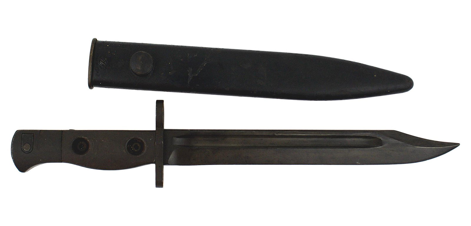 British M L1A3 bayonet: D-094 British M-L1A3 bayonet. Blackened iron pommel, grips (recessed doughnut rivets) and short crossguard/muzzle ring. Excellent blued 8" blade with a Bowie type 1 3/4" clipped point. Some wear to th